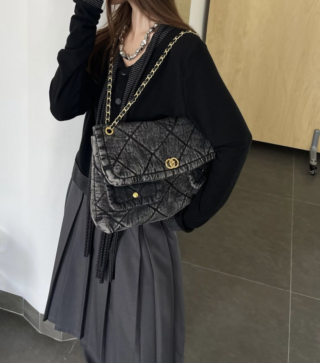 2026新款女包小香风水洗牛仔菱格链条包单肩斜挎手提流浪包邮差包