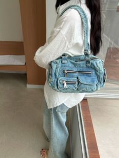 水洗牛仔多口袋复古机车包2026新大容量托特包单肩斜挎手提女包