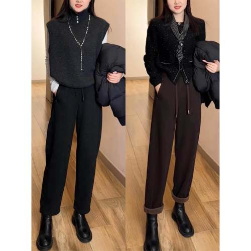 直筒烟管裤女冬加绒小个子九分裤2025新款窄版法棍裤显瘦毛呢裤子