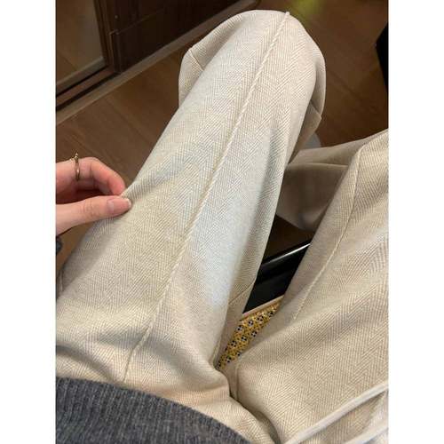 羊毛秋冬女阔腿裤，羊毛衬里加厚高腰人字纹休闲窄直筒裤