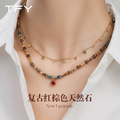 复古红宝石吊坠碧玺项链女款 秋冬叠戴串珠2026新款 小众毛衣颈链