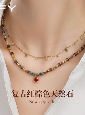 复古红宝石吊坠碧玺项链女款秋冬叠戴串珠2025新款小众毛衣颈链