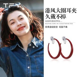 复古港风红色素圈耳夹大圈女无耳洞新款轻奢高级感小众独特漂亮