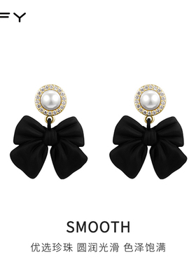 TFY黑色蝴蝶结珍珠耳钉百搭耳环2026新款高级感礼服银针耳坠耳饰