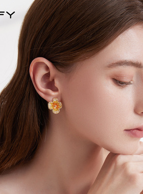 黄色水晶花朵银针耳钉小众设计感耳环2026新款爆款高级感绿色耳饰