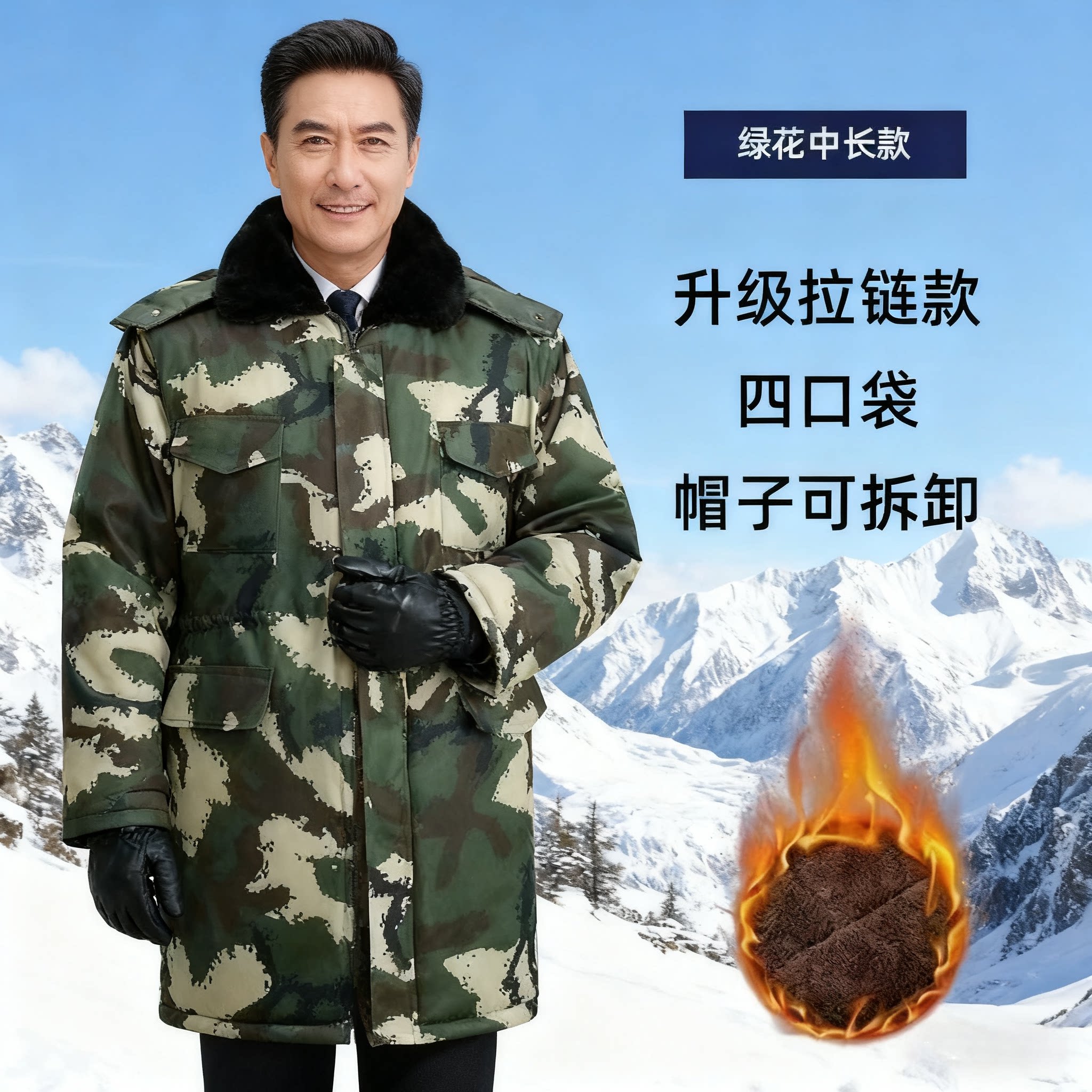 迷彩加绒工作服军绿色防寒男户外外套保安服中长款东北棉袄加厚冬