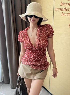 SECRET DINDI 人生主角 红色轻盈感显瘦碎花上衣女夏修身显瘦衬衫