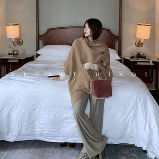 粗织毛线卡其色斗篷女秋季 实用派 复古针织毛衣披肩 DINDI SECRET