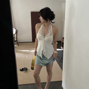 复古修身 SECRET 蕾丝拼接挂脖背心女夏季 梦露风 显瘦上衣 DINDI