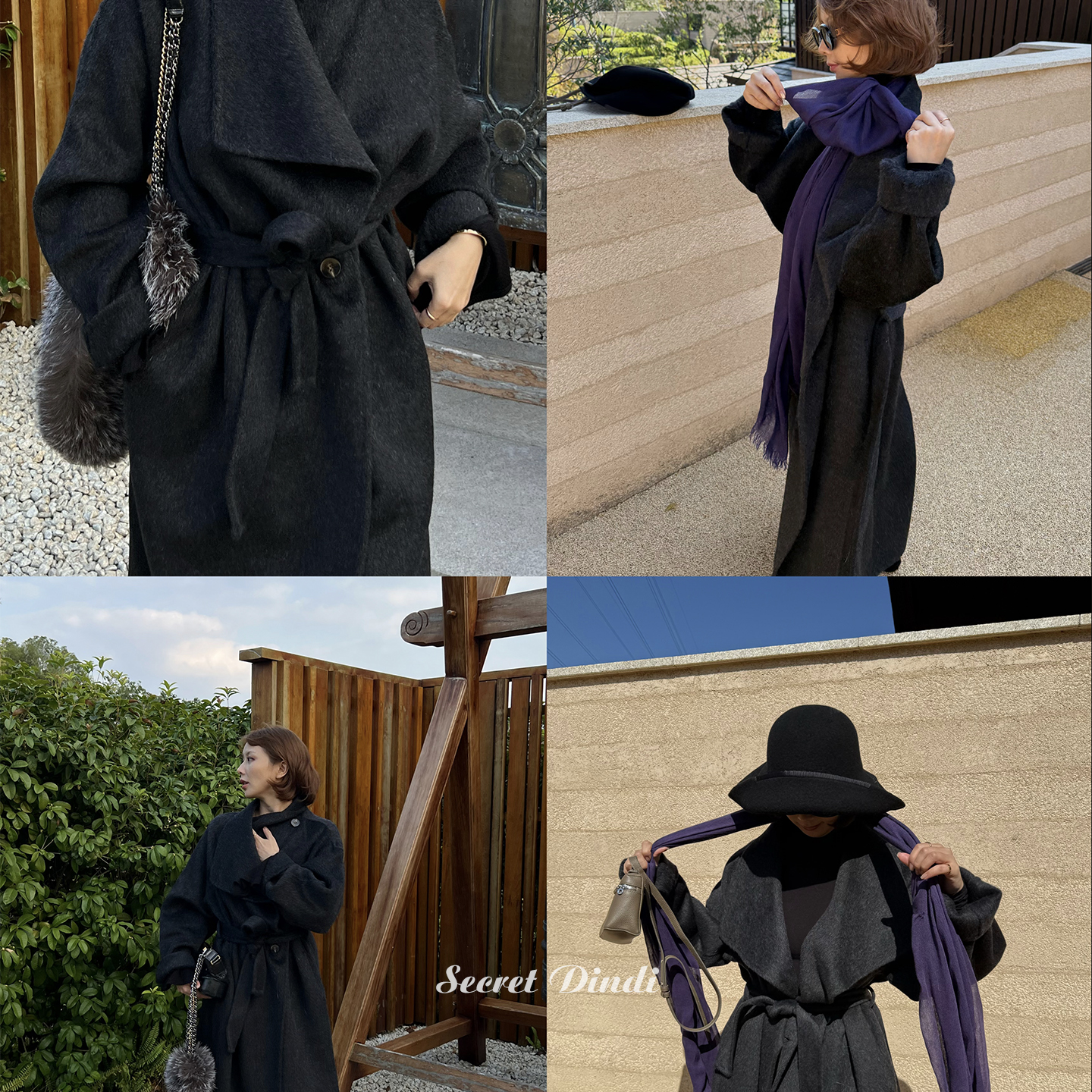 SECRET DINDI黑加仑大翻领碳黑双面羊绒大衣休闲风通勤百搭外套女