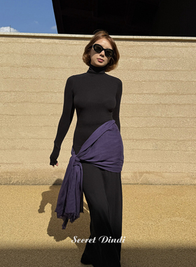 SECRET DINDI南松自发热高领打底黑色连衣裙修身百搭长袖裙子女冬