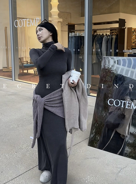 SECRET DINDI 口碑款/自发热 北欧暖绒深灰显瘦收腰连衣长裙女冬