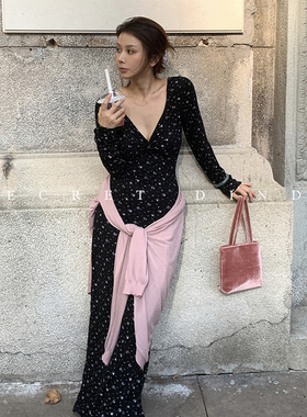 SECRET DINDI 繁星点点 碎花蝴蝶结连衣裙女秋季复古v领高腰长裙