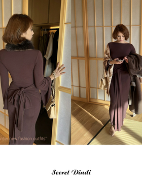 SECRET DINDI栗子一字肩多穿绑带连衣裙休闲风修身百搭长袖裙子女