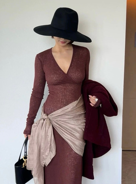 SECRET DINDI微醺时刻酒红色织感v领长袖连衣裙百搭显瘦收腰裙子
