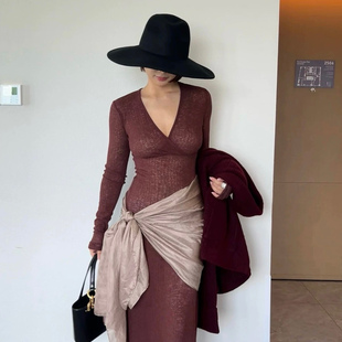 SECRET 连衣裙百搭显瘦收腰裙子 DINDI微醺时刻酒红色织感v领长袖