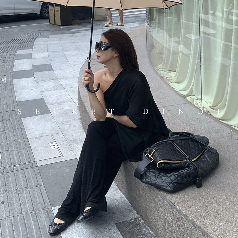 SECRET DINDI 独立宣言 黑色空调裤女夏薄款拖地垂感直筒气质长裤