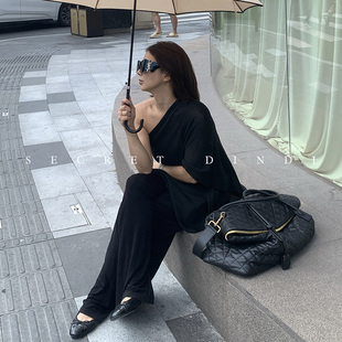 SECRET DINDI 独立宣言 黑色空调裤女夏薄款拖地垂感直筒气质长裤