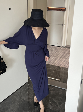 SECRET DINDI 东京生活 浴衣式v领藏蓝连衣裙女秋收腰显瘦中长裙