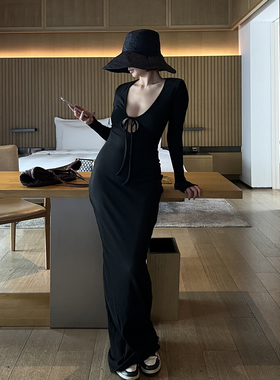 SECRET DINDI独立精神磨毛绑带连衣长裙收腰显身材长袖休闲风裙子