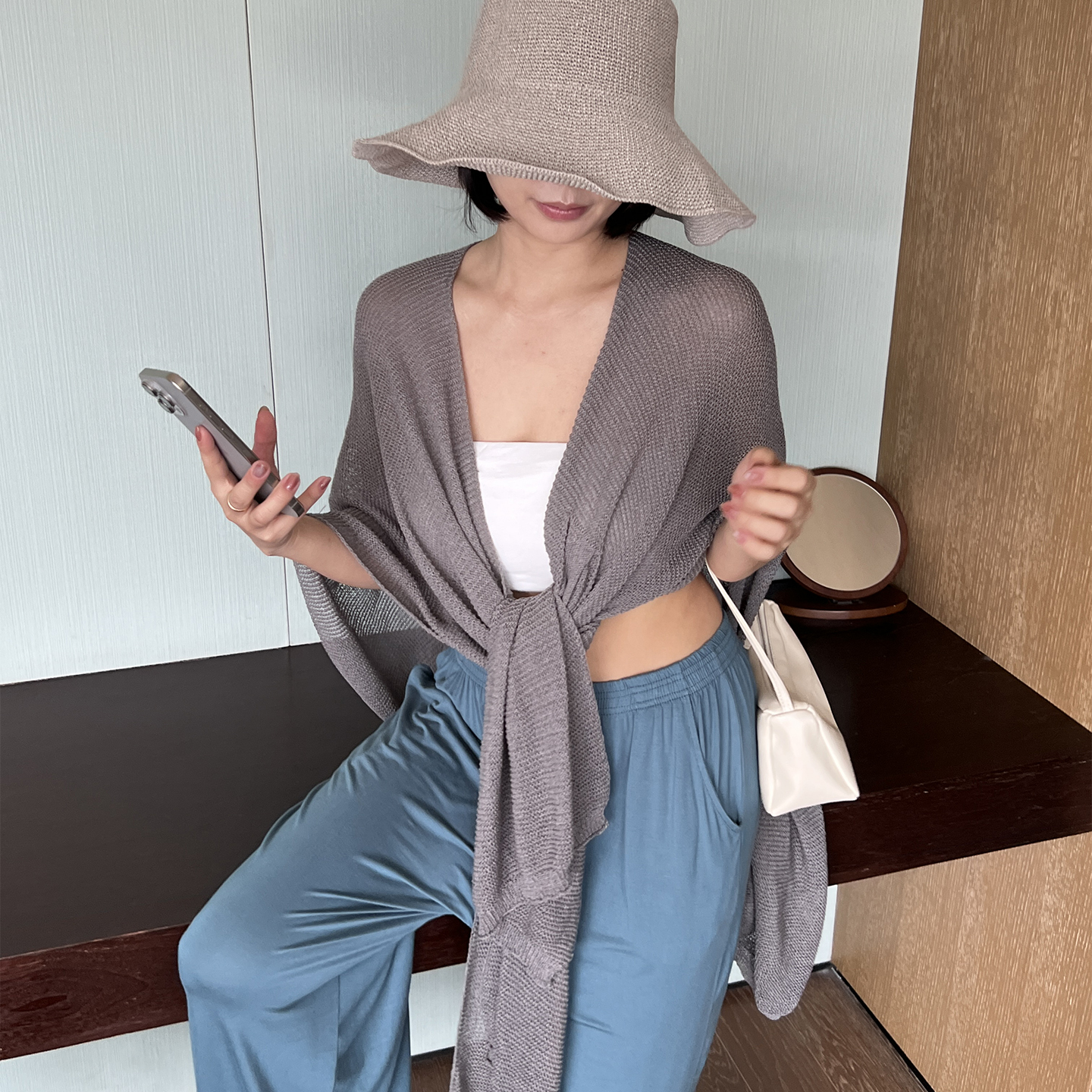 SECRET DINDI 灵感 灰色针织垂感披肩女夏季复古宽松慵懒风外套