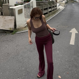 DINDI 梅子果酱大翻边微喇叭松弛感低腰螺纹质感显瘦氛围感长裤