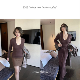 SECRET 百搭显瘦连衣裙女 DINDI丝绒巧克力咖色打底上衣休闲风修身