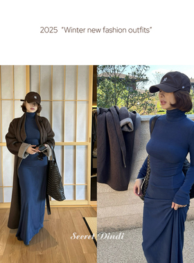 SECRET DINDI蓝调自发热暖绒高领打底连衣长裙修身百搭通勤裙子女