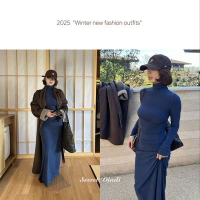 SECRET DINDI蓝调自发热暖绒高领打底连衣长裙修身百搭通勤裙子女