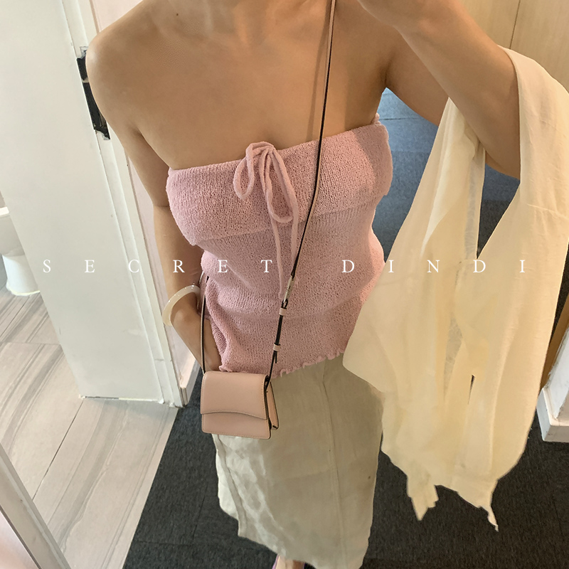 SECRET DINDI 鸢尾 紫粉色翻边软糯针织抹胸女夏季修身显瘦上衣