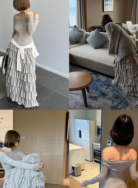 SECRET DINDI华尔兹松软一字肩重磅蛋糕裙休闲百搭通勤长袖连衣裙