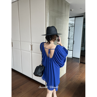 DINDI A字上衣长袖 蓝妖姬 贵气泡泡袖 圆领宽松 蓝色雪纺 SECRET