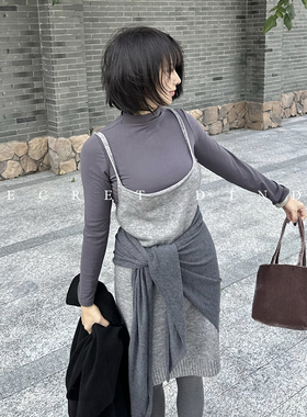 SECRET DINDI 万物搭 灰色半高领打底衫女秋冬季复古长袖内搭上衣