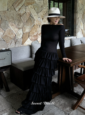 SECRET DINDI黑森林磨毛蛋糕连衣裙秋冬休闲风修身通情百搭裙子女