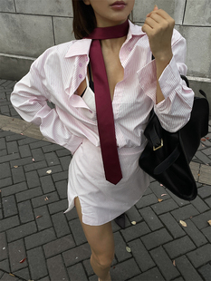 短裙套装 DINDI 复古高级冷淡风设计感粉色条纹衬衫 新款 女 2023夏季