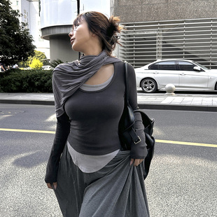 拼接百搭圆领设计感假两件长袖 新款 T恤内搭女 2023秋冬季 DINDI