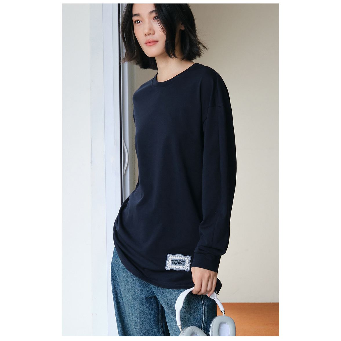 【昕怡粉丝专享】PINPINPLUS蕾丝圆领廓形长袖T恤 8C71151AYP