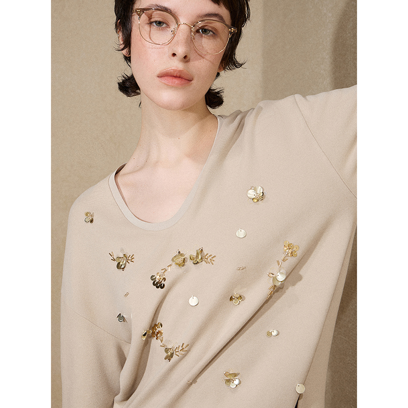 【昕怡粉丝专享】钉珠亮片软糯U型领莱赛尔T恤8C71201GP