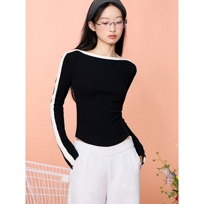 【昕怡粉丝专享】「PINPINPLUS」一字领撞色修身长袖T 8D80231QP