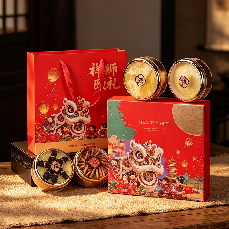 祥狮贺礼四宝滋补礼盒空盒国潮羊肚菌花胶干货中秋伴手礼包装盒空