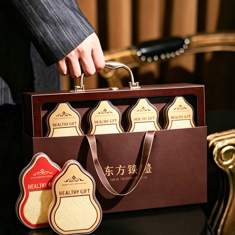 豪华东方臻礼四宝手提木盒虫草海参鹿茸片滋补包装盒高档礼品盒空