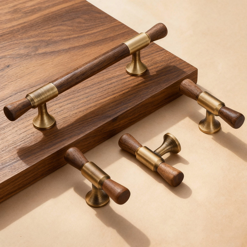 新中式复古胡桃木黄铜拉手中古风橱柜抽屉把手衣柜门古铜色长拉手
