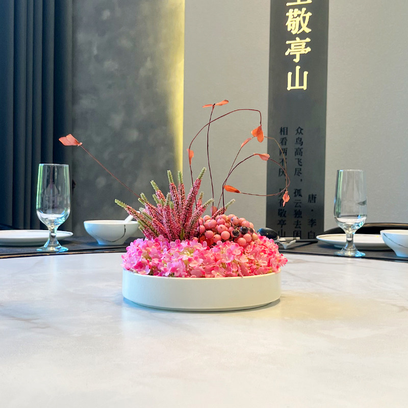 餐桌摆件饭店摆设仿真圆形桌花高级装饰品酒店大圆桌中间转盘摆花
