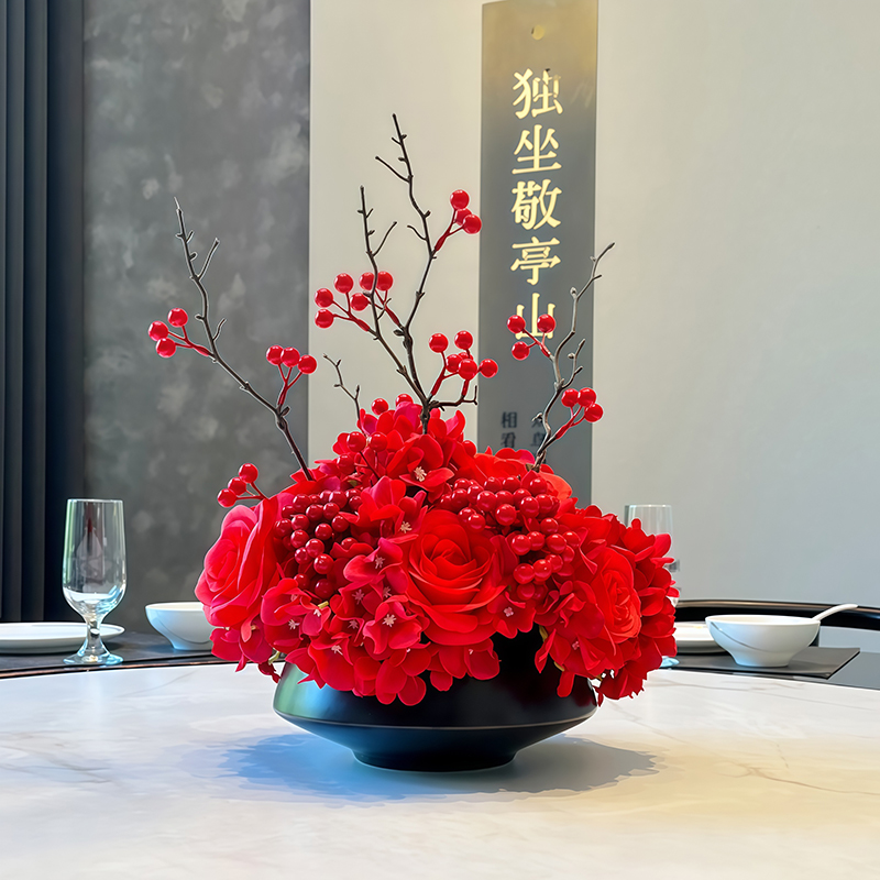 中式高端餐厅大圆桌转盘中间摆花餐桌花仿真花包厢桌面装饰品摆件