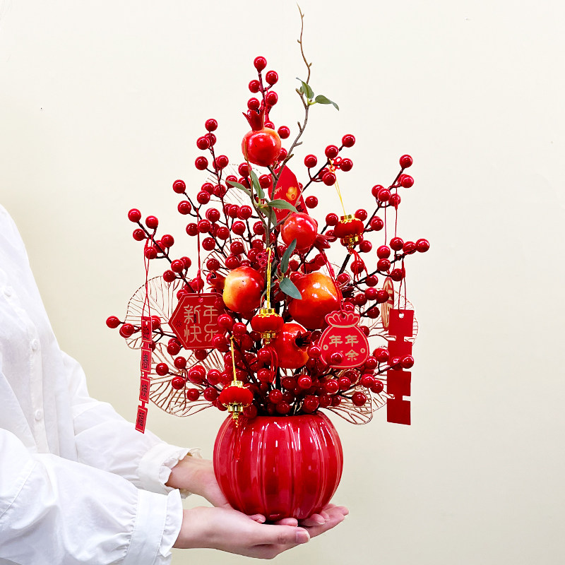 仿真花发财果红果假花摆设客厅餐桌花摆花新年结婚装饰品花艺摆件