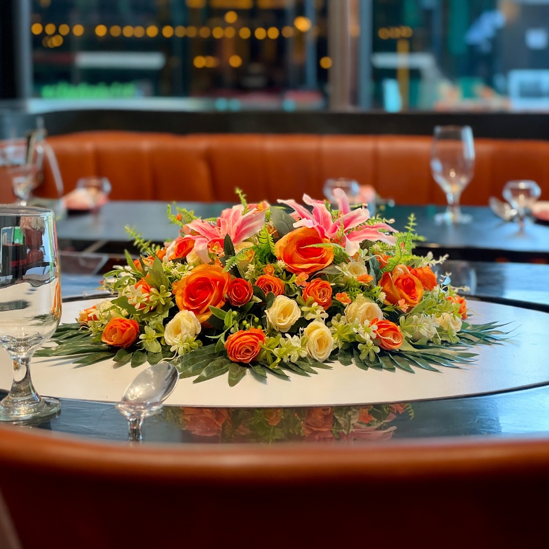 高端酒店餐桌花饭店餐厅包厢大圆桌中间转盘摆花仿真花装饰花摆设