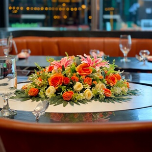 高端酒店餐桌花饭店餐厅包厢大圆桌中间转盘摆花仿真花装饰花摆设
