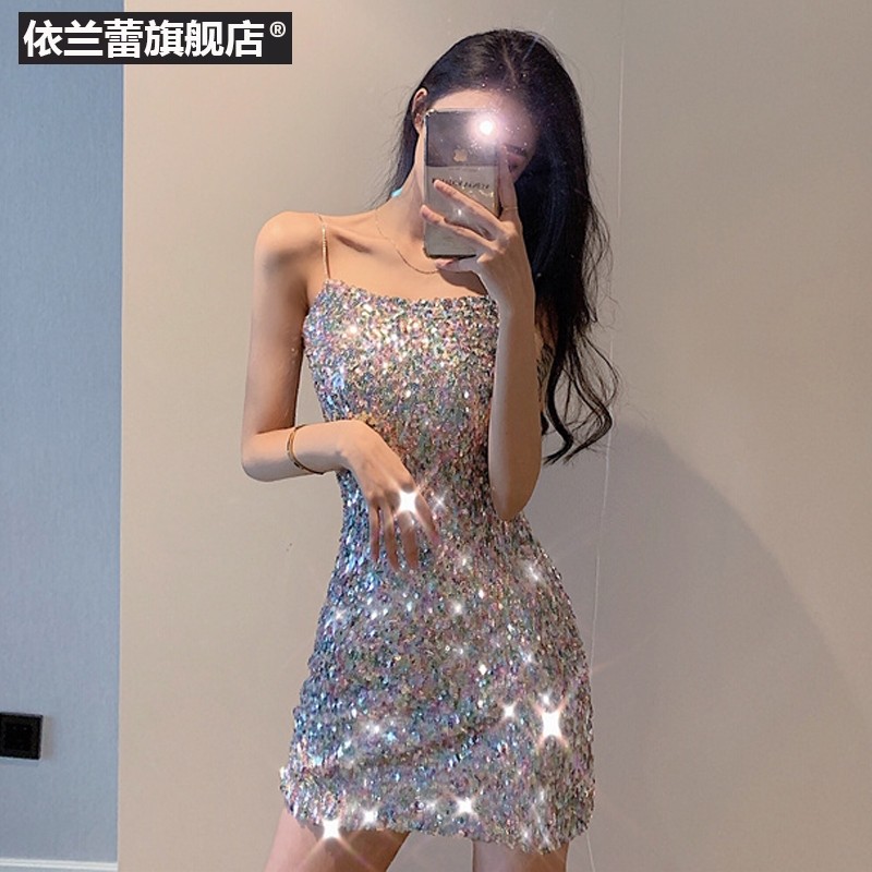 夏季性感洋气短裙酒吧夜场闪闪亮片bling吊带包臀连衣裙女