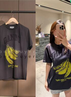 现货 Ganni 25年早秋 新款贴钻黑色香蕉印花纯棉宽松短袖T恤