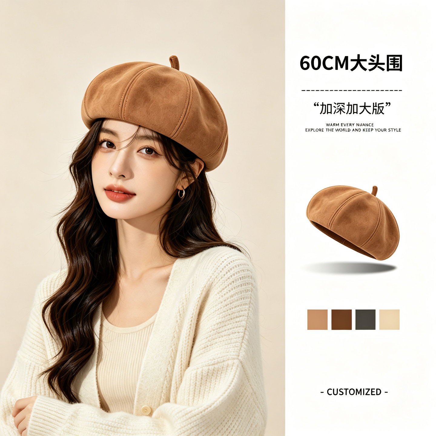 麂皮绒贝雷帽女2026新款大头围画家帽大脸显脸小报童帽南瓜帽立体
